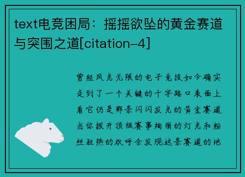 text电竞困局：摇摇欲坠的黄金赛道与突围之道[citation-4]