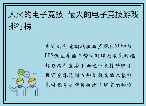 大火的电子竞技-最火的电子竞技游戏排行榜